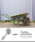 Heavy Duty Double Bearing Sliding Door Rollers With Rugged Steel Pulleys For Smooth Barn Track Glides Silver Finish and wheelbarrow.