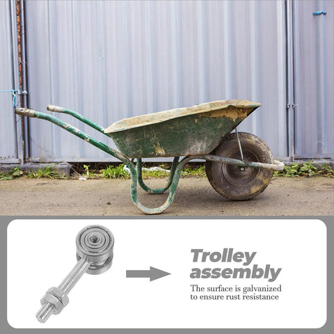 Smooth As Butter Double Bearing Sliding Door Pulley Roller Assembly With Cable Trolley System For Rock Solid Fifty Kilo Weight Capacity And No Hassle Installation Upgrade, showing galvanized trolley assembly with wheelbarrow.