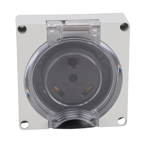TT 30R Lockable Power Outlet Receptacle with Brass Contacts and IP55 Weatherproof Rating, front view showing sturdy latch cover.