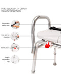 Pro-Slide Shower Chair And Tub Transfer Bench With Cutout, adjustable height and heavy-duty frame, safety features shown