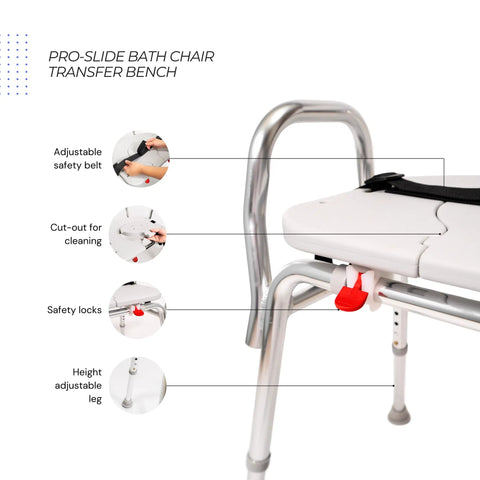 Pro-Slide Shower Chair And Tub Transfer Bench With Cutout, adjustable height and heavy-duty frame, safety features shown