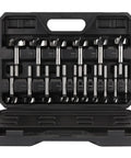 Premium High Carbon Steel Forstner Drill Bit Set For Woodworking in a case, featuring 16 round shank bits from 6 to 54 mm.