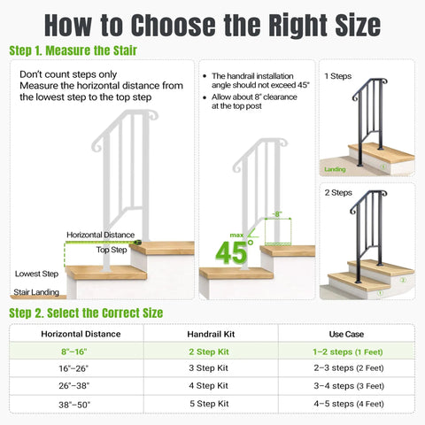 How to choose size for Tough As Nails 2 Step Handrails for Outdoor Porches with measurement guide and handrail angle details.
