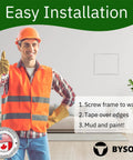 Man in safety gear showing installation steps for Sweet Slick 12X12 Drywall Access Panel With Heavy Duty Steel Frame.