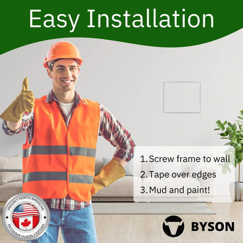 Man in safety gear showing installation steps for Sweet Slick 12X12 Drywall Access Panel With Heavy Duty Steel Frame.