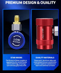 Quick Coupler Kit For Car AC Systems, red and blue R1234yf adapters, pro grade materials, high low hose fittings, 2 pack