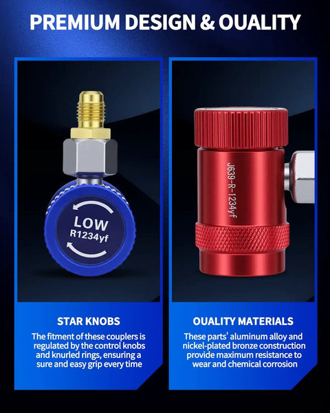 Quick Coupler Kit For Car AC Systems, red and blue R1234yf adapters, pro grade materials, high low hose fittings, 2 pack
