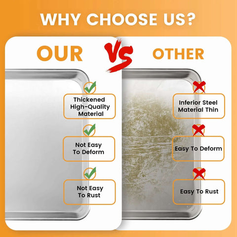 Comparison between Six Pack Full Size Aluminum Baking Sheets Set and inferior steel sheets showing durability differences.