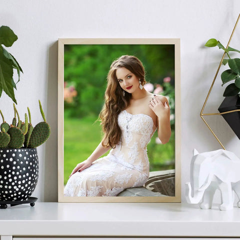Framed photo showcasing a woman in a wedding dress, surrounded by decor and plants, highlighting 100 Pcs Sublimation Blanks For Picture Frames Eight Point Five By Eleven Inch Double Sided Canvas Sheets Heat Transfer For Inkjet Printing DIYers Art Projects Photos Murals Backdrops