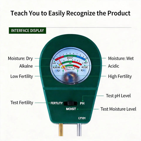 Three In One Soil Test Kit With Moisture Meter PH Meter And Fertility Tester interface display for garden and home use
