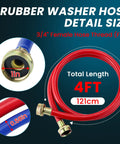 Close-up of 4 Ft Burst-Proof Rubber Washing Machine Hoses for hot and cold water, showing size details and connectors.