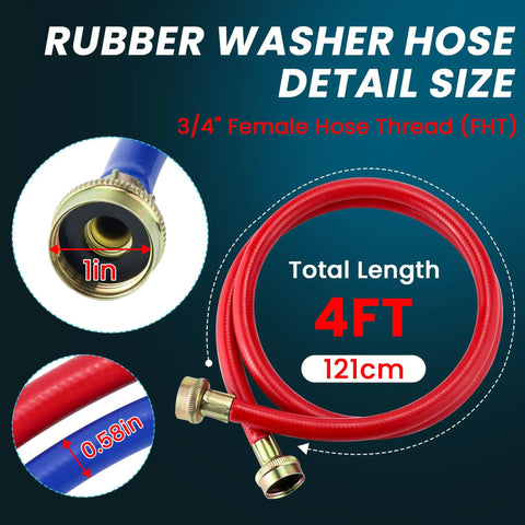 Close-up of 4 Ft Burst-Proof Rubber Washing Machine Hoses for hot and cold water, showing size details and connectors.