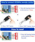 433MHz Universal Wireless Remote Control Switch Kit For 12V DC 1 Channel RF Relay Receiver Module Includes 5 Transmitters EV1527 Learning Code Remote System With Stable Signal Great Range Through Walls And Doors, wiring guide