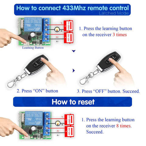 433MHz Universal Wireless Remote Control Switch Kit For 12V DC 1 Channel RF Relay Receiver Module Includes 5 Transmitters EV1527 Learning Code Remote System With Stable Signal Great Range Through Walls And Doors, wiring guide