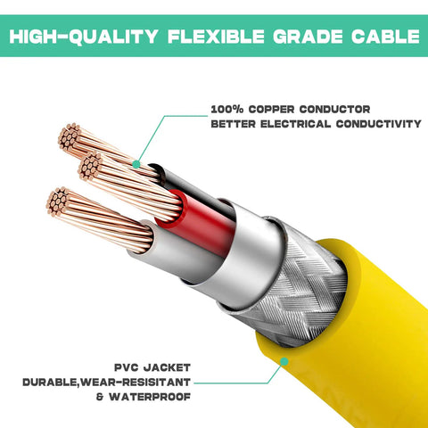 Beefy 25 Ft 30 Amp 125V RV Power Cord Marine Grade Yellow showing heavy duty locking plug ends