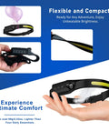Rechargeable LED Headlamp 3 Pack With USB C, Ultra Bright 400 Lumen Lighting shown lightweight and flexible in hand, 230° beam.