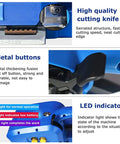 Heavy Duty Electric Strapping Machine With Automatic Tension, Welding And Cutting Functions For 9-16mm PP Pet Straps, showing cutting knife and buttons.