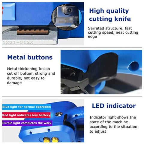 Heavy Duty Electric Strapping Machine With Automatic Tension, Welding And Cutting Functions For 9-16mm PP Pet Straps, showing cutting knife and buttons.