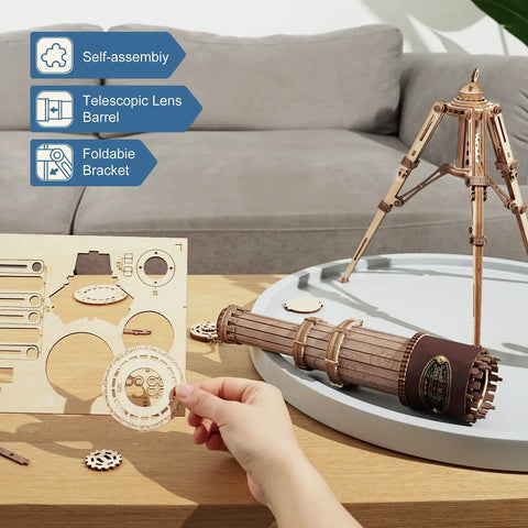 3D Wooden Monocular Puzzle Kit With Working Telescopic Tube DIY Science Model Build For Adults And Teens One To One Replica Monocular Dope Display Item Unique Gift For Curious Minds, wooden parts and assembled model