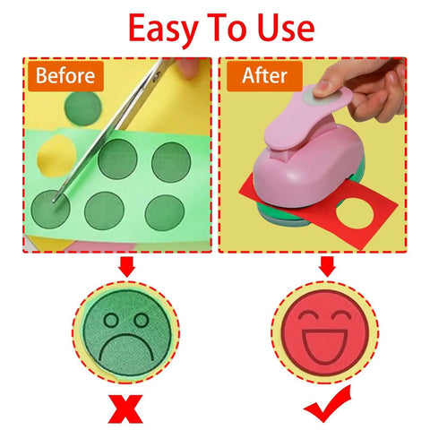 Comparison of using scissors vs 2 Inch Circle Hole Punch For Crafting And Scrapbooking, showing before and after circular paper cuts