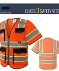Boss Level High Visibility Reflective Safety Vest For Men And Women Featuring Long Sleeves And Storage Pockets Meets Ansi Class 3 Standards In Bright Orange Mesh Front and back view showing tool pockets.