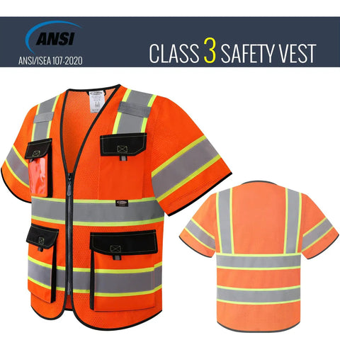 Boss Level High Visibility Reflective Safety Vest For Men And Women Featuring Long Sleeves And Storage Pockets Meets Ansi Class 3 Standards In Bright Orange Mesh Front and back view showing tool pockets.