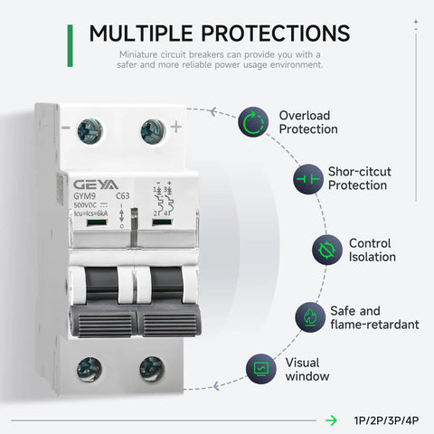 DC Miniature Circuit Breaker 2 Pole 500V 40 Amp Disconnect Switch Isolator with thermal magnetic trip, shown with multiple protections