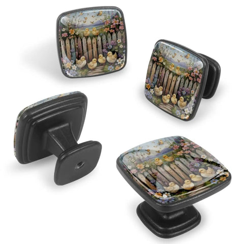 4 Pack Square Cabinet Knobs Set With Black Finish Dope ABS And Glass Pulls For Kitchen Bathrooms Dressers Drawers Wardrobes Flower Design