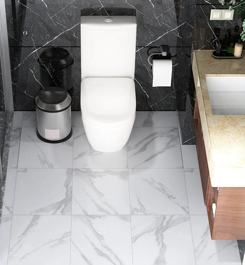 Bathroom with gray and white marble vinyl floor tiles peel and stick waterproof 12x12 inch 16 pack removable vinyl flooring