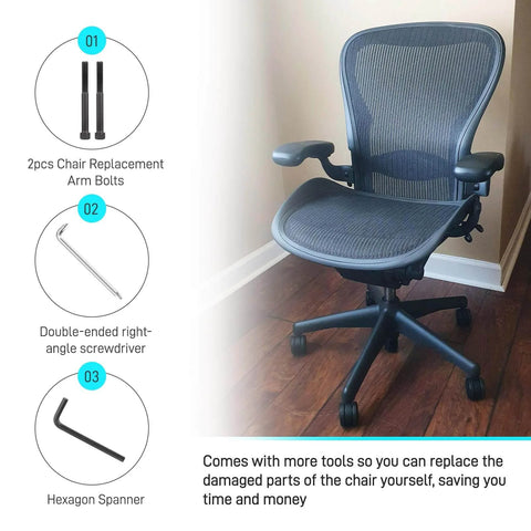 Image of Herman Miller Aeron chair with text listing 2pcs replacement arm bolts, double-ended screwdriver, and hexagon spanner included.