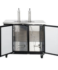 Badass Black Draft Beer Dispenser With Dual Insulated Taps And Heavy Duty Stainless Steel Top showcasing spacious interior with two open doors.