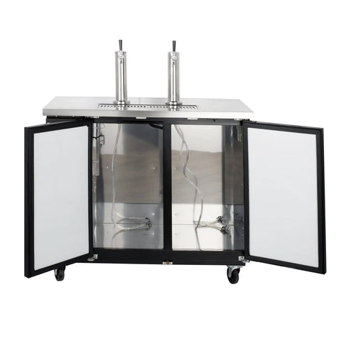 Badass Black Draft Beer Dispenser With Dual Insulated Taps And Heavy Duty Stainless Steel Top showcasing spacious interior with two open doors.