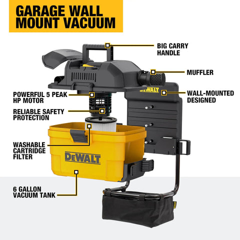 Heavy-Duty Wall-Mount Wet-Dry Vacuum For Garage And Shop, 6 Gallon Capacity, 5 Peak HP Motor, DXV06G Beast Mode Suction