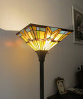 Tiffany Style Mission Floor Lamp With Real Stained Glass Shade, Vintage Uplight Torchiere For Living Room Bedroom Or Office, lit in cozy corner