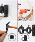Collage showing installation steps of Three Piece Adjustable Curtain Rod Brackets Set With Double Wall Mount Holders for 5/8 to 1 inch rods.