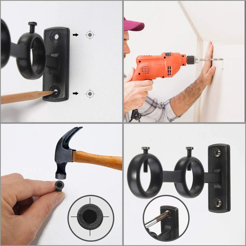 Collage showing installation steps of Three Piece Adjustable Curtain Rod Brackets Set With Double Wall Mount Holders for 5/8 to 1 inch rods.