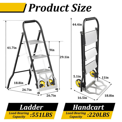 2 In 1 Folding Hand Truck And 3 Step Ladder Portable Dolly Cart For Easy Hauling And Reaching High Places Built With Durable Steel Frame Foldable Design Locking Steps And Smooth Rolling Casters For Home Or Jobsite Use, product size view