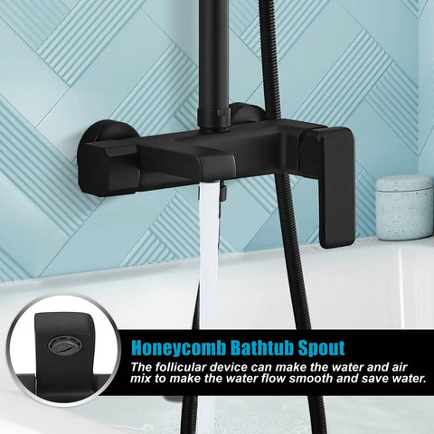 Matte Black Exposed Shower Fixture Set With 3 In 1 Diverter Valve brass body showing honeycomb bathtub spout feature.