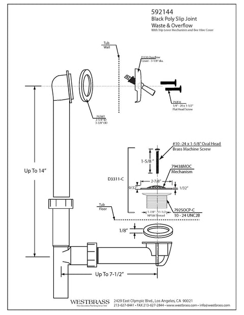 Matte Black One And A Half Inch Tubular Bath Waste Drain Kit With Trip Lever Faceplate Beehive Grid And Color Matching Screws Black Poly Tubes With Slip Joint Connections For Easy Plug And Play Install Two Hole Elbow technical diagram