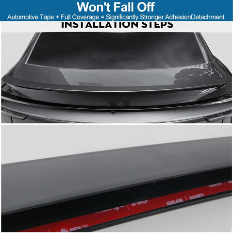 Slick Rear Trunk Spoiler For Tesla Model Y Juniper 2025 2026 close-up view showing automotive tape for strong adhesion.