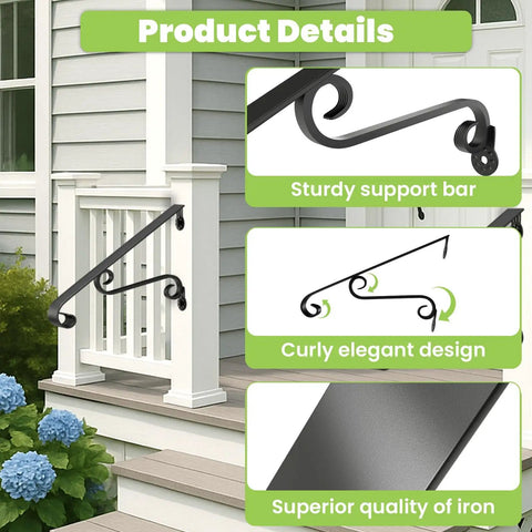 Wall Mounted Stair Handrail For 1 To 2 Steps, Durable Wrought Iron Grab Rail In Black, shown on porch with design details.