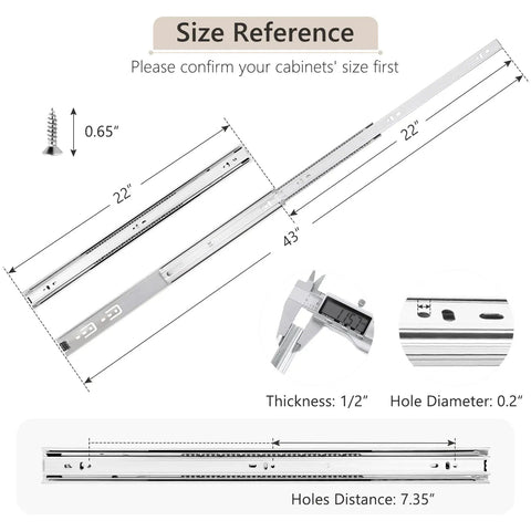 Heavy Duty 22 Inch Drawer Slides Set With Full Extension Ball Bearing Rails Side Mount Glides size reference diagram