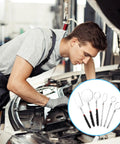 Mechanic using Six Piece Telescoping Inspection Mirror Set With 360 Degree Rotating Heads Retractable Long Handles under car hood.