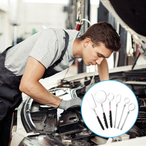 Mechanic using Six Piece Telescoping Inspection Mirror Set With 360 Degree Rotating Heads Retractable Long Handles under car hood.