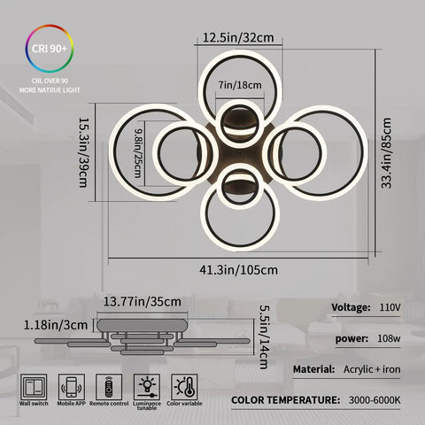 Diagram of 41.3 Inch Dimmable LED Ceiling Light With Remote Control, Slick Black Flush Mount Ring Fixture For Low Ceilings, dimensions labeled