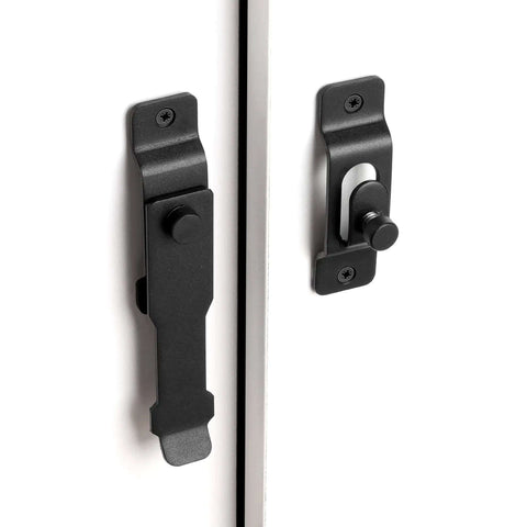 Matte Black Stainless Steel Barn Door Latch 4.33 By 3.23 Inch, shown installed on white doors, heavy duty flip lock.