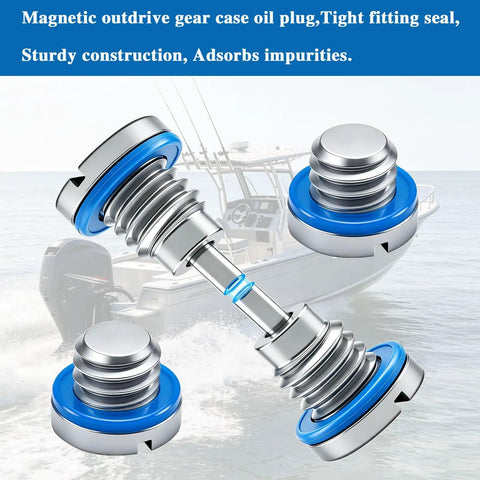 Upgrade Your Ride With This Slick 4 Pack Marine Gear Lube Drain And Fill Screw Kit For Mercruiser Sterndrives Featuring Magnetic Oil Plugs Compatible With 3/8 Inch 16 Thread Outboards, four silver plugs with blue seals