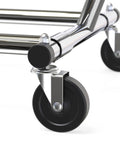 Close-up of Sturdy Workhorse Commercial Grade Garment Rack's heavy duty chrome caster wheels, part of its steel frame extending 50 to 75 inches.