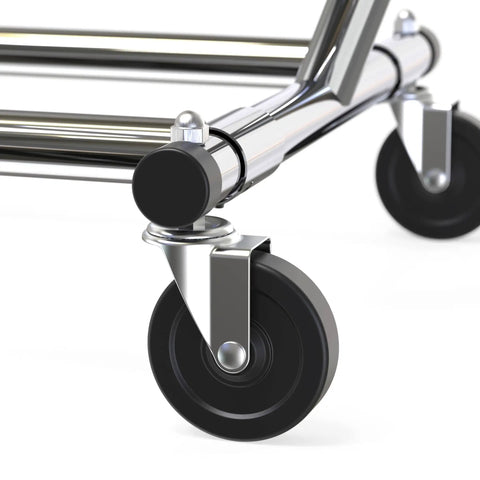 Close-up of Sturdy Workhorse Commercial Grade Garment Rack's heavy duty chrome caster wheels, part of its steel frame extending 50 to 75 inches.