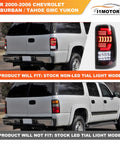 Rear view of I1MOTOR LED tail light for 2000–2006 Chevy Suburban/Tahoe/GMC Yukon; glossy black housing with clear lens.